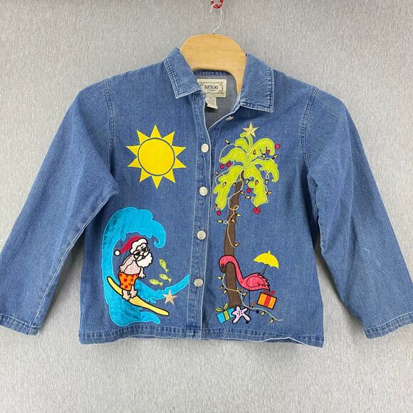 Vintage Tantrums Denim Jacket‎ XL Embroidered Christmas Santa Flamingo Palm Tree - Picture 1 of 7